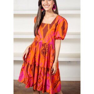 Maude Vivante Midi Orange Dress XS Puff Sleeve 100% Cotton aztec ikat